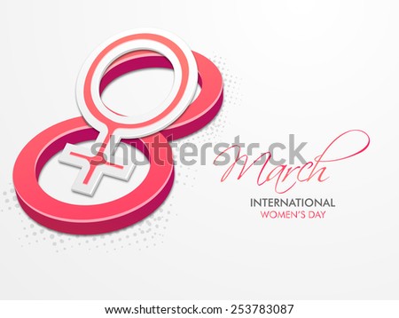 Creative greeting card design for International Women's Day celebrations with pink horizontal text 8 March and feminine symbol on grey background.