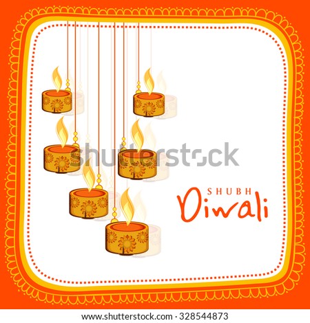 Floral Design Decorated Greeting Card With Illuminated Hanging Lit Lamps For Indian Festival Of Lights