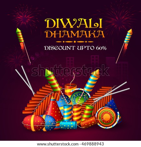 Best Diwali Dhamaka on Firecrackers, Sale Poster, Big Offer Banner, Clearance Flyer, Discount Upto 60%, Glossy night fireworks urban city Background, Vector illustration.