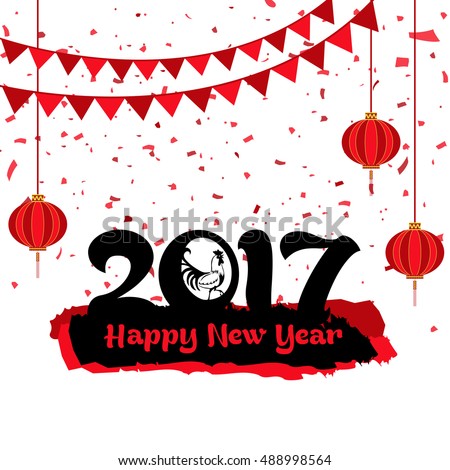 Elegant greeting card design decorated with traditional hanging lanterns and buntings for Chinese New Year or Year of the Rooster celebration.