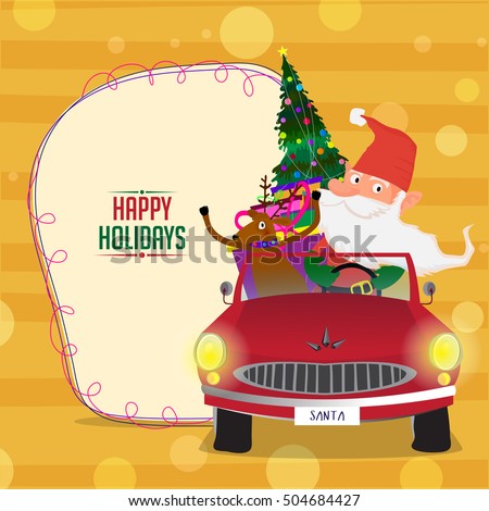 Santa Claus with reindeer in red car full of gifts for Happy Holidays or Merry Christmas celebration.