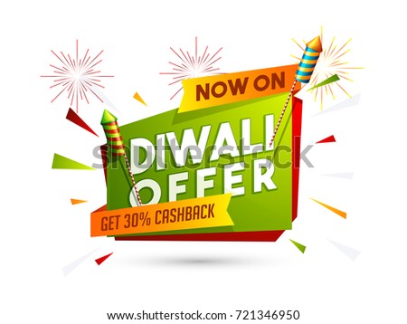 Diwali offer get 30% cashback sale poster, banner design decorated with fireworks and shiny firecrackers.