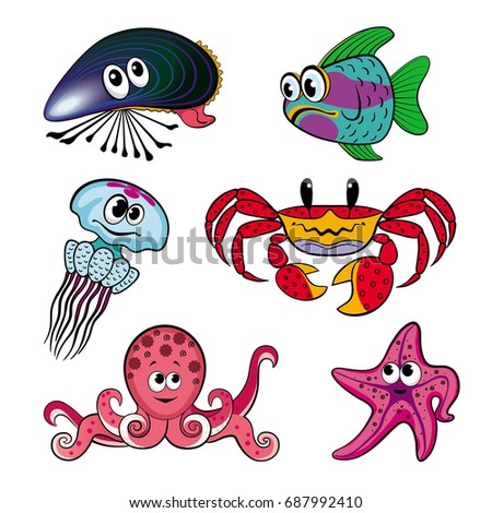 Vector Sea Animals Cartoon Set Separate Stock Vector 95729716 ...