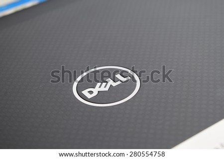 BANGKOK, Thailand- May 23 2015: Dell Logo on notebook cover. Dell Inc. is an American multinational computer technology company that develops, sells and repairs computers.