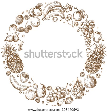 Round frame of different fruits. Hand drawn sketch various of fruits and berries.