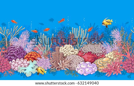 Hand drawn underwater natural elements. Coral reef horizontal border. Vivid seamless pattern made with corals and swimming fishes. Undersea bottom texture.