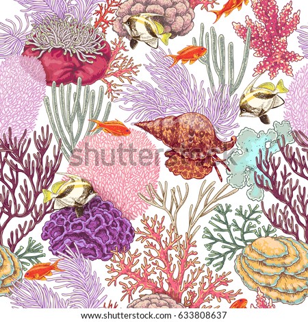 Hand drawn underwater natural elements. Coral reef seamless pattern. Vivid corals, clam and swimming tropical fishes on white background. Undersea bottom texture.