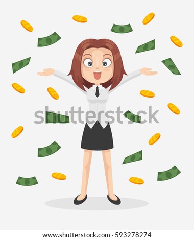 Happy smiling office worker business woman character standing under money rain. Vector flat cartoon illustration