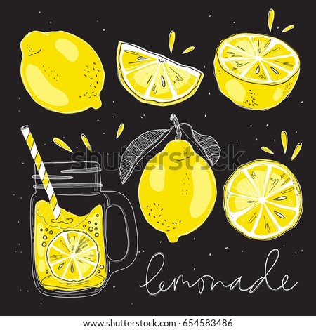 stock vector poster with lemonade elements glass lettering fresh lemonade drawing chalkboard background 654583486