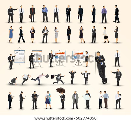 Big collection of business people illustrations in different poses, business man and business woman variations, and presentations