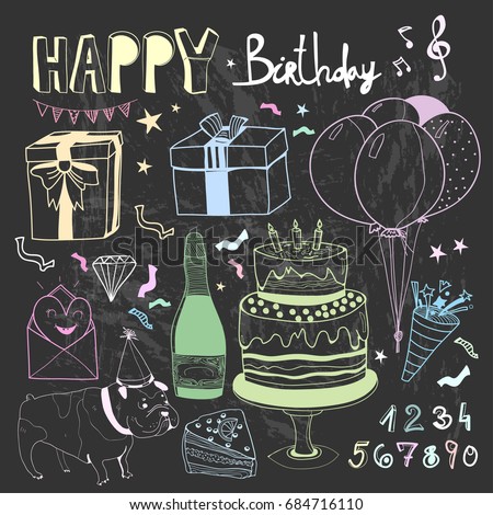 Happy Birthday Doodle Elements Colored Graphic Vector Set Chalkboard Style All Are