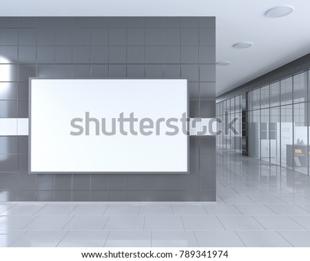 stock photo blank roll up banner stand in bright office interior with clipping path around ad stand d 789341974