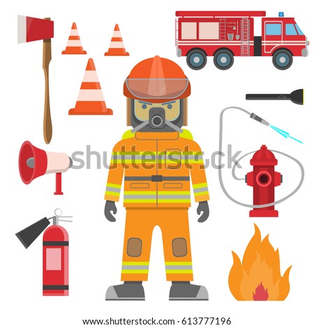 Set Fire Equipment Vector Fire Man Stock Vector 613777196 - Shutterstock