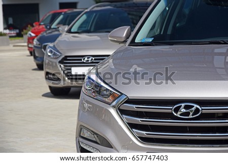 Warsaw, Poland - May, 05, 2017: Hyundai cars parking in a row in the exhibition point.