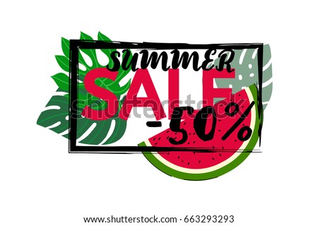 Vector watermelon and monstera leaves, black frame on white. Watermelon slice, tropical leaves summer sale 50% banner, botanical border, floral design. Discount poster background, trendy exotic frame.