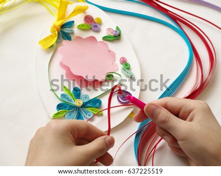 Decorate With Stripes Of Paper Quilling Hands Child While Creative Work Making Decorations Decorate With Stripes Of Paper Quilling Hands Child While Creative Work Making Decorations