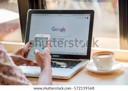 Bangkok. Thailand. January 24, 2017: A woman is typing on Google search engine from a laptop. Google is the biggest Internet search engine in the world.