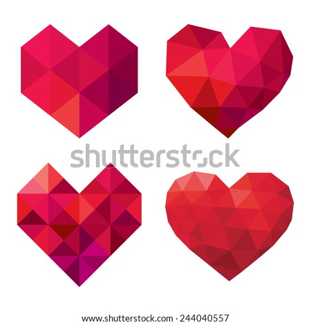 vector collection of polygonal red hearts on white background