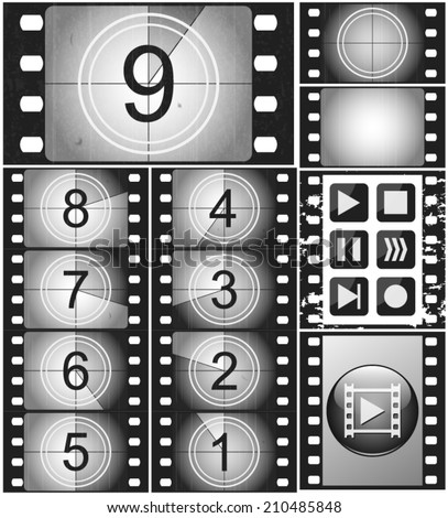 Movie countdown, vintage silent film and blank full frame still photography film (realistic thirty five millimeters proportions), set of icons