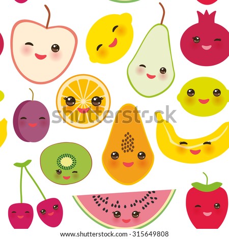 seamless pattern strawberry, orange, banana cherry, lime, lemon, kiwi, plums, apples, watermelon, pomegranate, papaya, pear, pear on white background. Vector