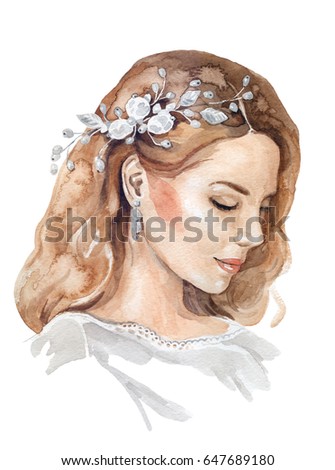 Watercolor Woman Face Bridal Jewelry Pearls Stock 