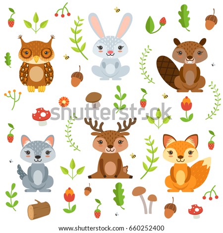 Cute Woodland Animals Set Forest Elements Stock Vector 708019786 ...