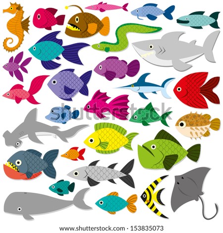 Vector Cute Cartoon Different Fishes Isolated Set