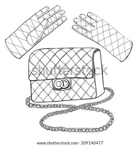 Hand drawn leather classic flap bag and gloves.