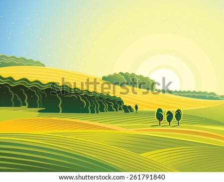 Rural morning landscape with field.