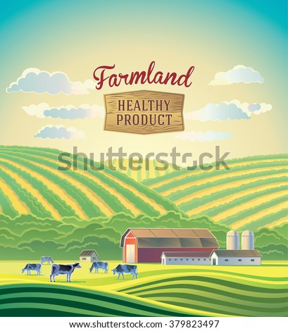 Rural landscape with farm and a herd of cows.