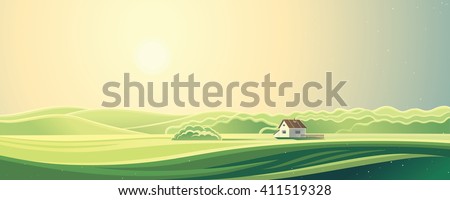 Rural summer landscape, sunrise morning, with one house.
