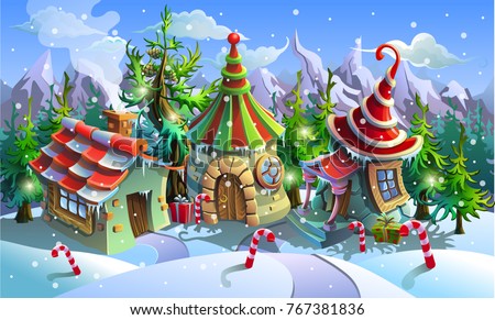 Christmas Village Of Santa Claus Fairy Houses Elves Vector Illustration