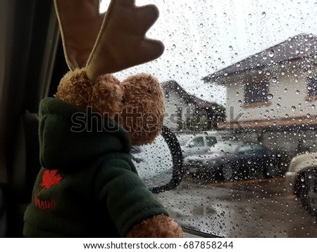 Brown reindeer doll with window of car on a rainy day.