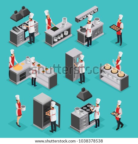 Isometric cooking process elements set with professional cooks preparing different dishes and working in restaurant isolated vector illustration