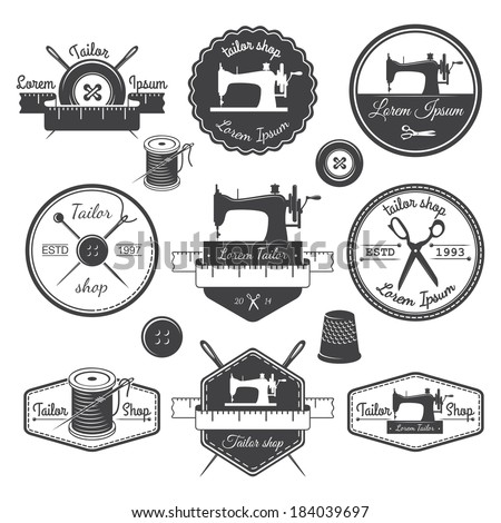 Set of vintage tailor labels, emblems and designed elements. Tailor shop theme