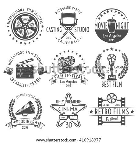Movies black white emblems set with reel chair clapper megaphone award projector and inscriptions isolated vector illustration