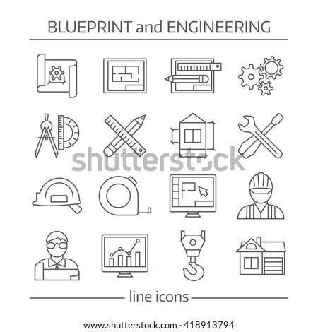 Blueprint and engineering linear icons set with gears computer programs crane tools drafts schemes isolated vector illustration