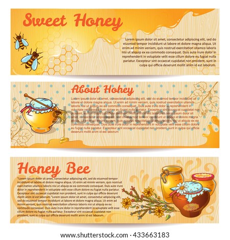 Horizontal honey banner set with headlines sweet honey about honey and honey bee vector illustration