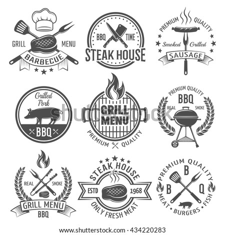 stock vector bbq graphic flat emblems with grill tongs forks spatulas roasted meat sausage fire cap isolated 434220283