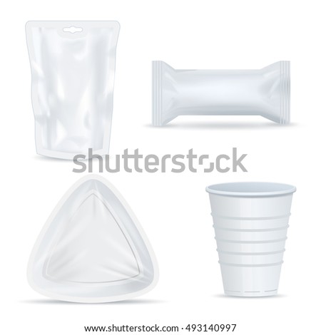 Set of four isolated clear white plastic food packages of different shape for snacks drinks bubblegum disposable cup with shadows vector illustration