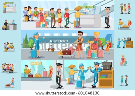 People in airport infographic template with passengers passing customs control before flight boarding and staff on coffee break vector illustration