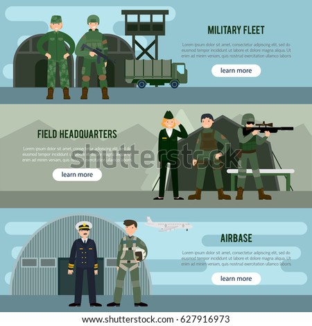 Flat military horizontal banners with infantry soldiers field headquarters commander and pilot vector illustration