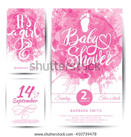 Vector watercolor pink sticker set It's a girl. Calligraphy lettering Baby shower. element for invitation design.