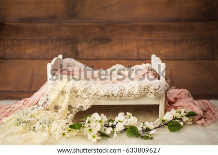Newborn photo shoot set up with prop bed and wood backdrop