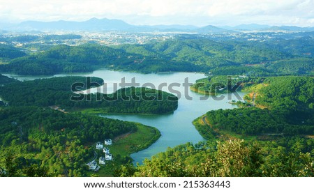 Amazing, beautiful panorama of Tuyen Lam lake of Dalat city, fresh air, group of villa among forest, impression shape of hill and mountain, lake alternate jungle make wonderful countryside for travel