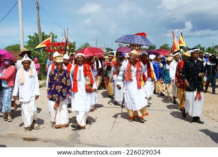 PHAN RANG, VIET NAM- OCT 22: Kate festival, charater traditional culture of Cham Awal (Cham Balamon) people, important ceremony of religion is pick up dress, hold on annual, Vietnam, Oct 22, 2014