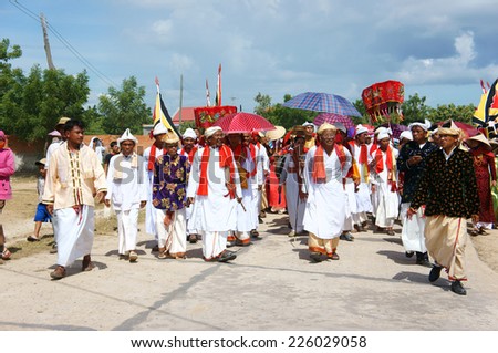 PHAN RANG, VIET NAM- OCT 22: Kate festival, charater traditional culture of Cham Awal (Cham Balamon) people, important ceremony of religion is pick up dress, hold on annual, Vietnam, Oct 22, 2014