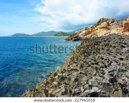 Vietnamese beach, Vietnam ecotourism at Hang Rai, Phan Rang, Ninh thuan, coastal countryside, amazing with large rock, blue water, beautiful place for Vietnam ecotourism