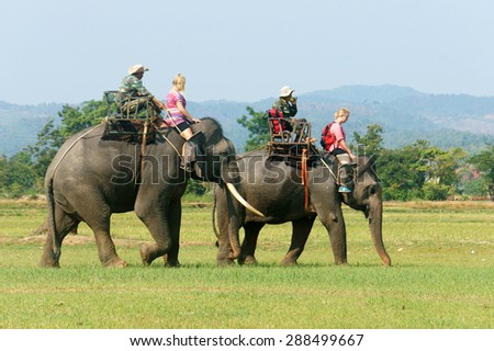 BUON ME THUOT- VIET NAM- JUNE 11: Asia travel in summer vacation at beautiful Vietnamese countryside, traveler travelling by ride elephant in eco tour, green landscape of rural, Vietnam, June 11, 2015