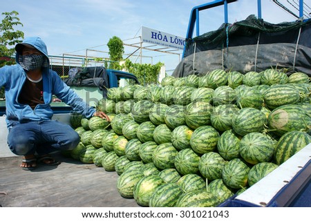 DONG THAP, VIET NAM- JULY 27: Group of Asian farmer working on agriculture field, Vietnamese man harvesting watermelon on water melon plantation to sale for trader, Dongthap, Vietnam, July 27, 2015